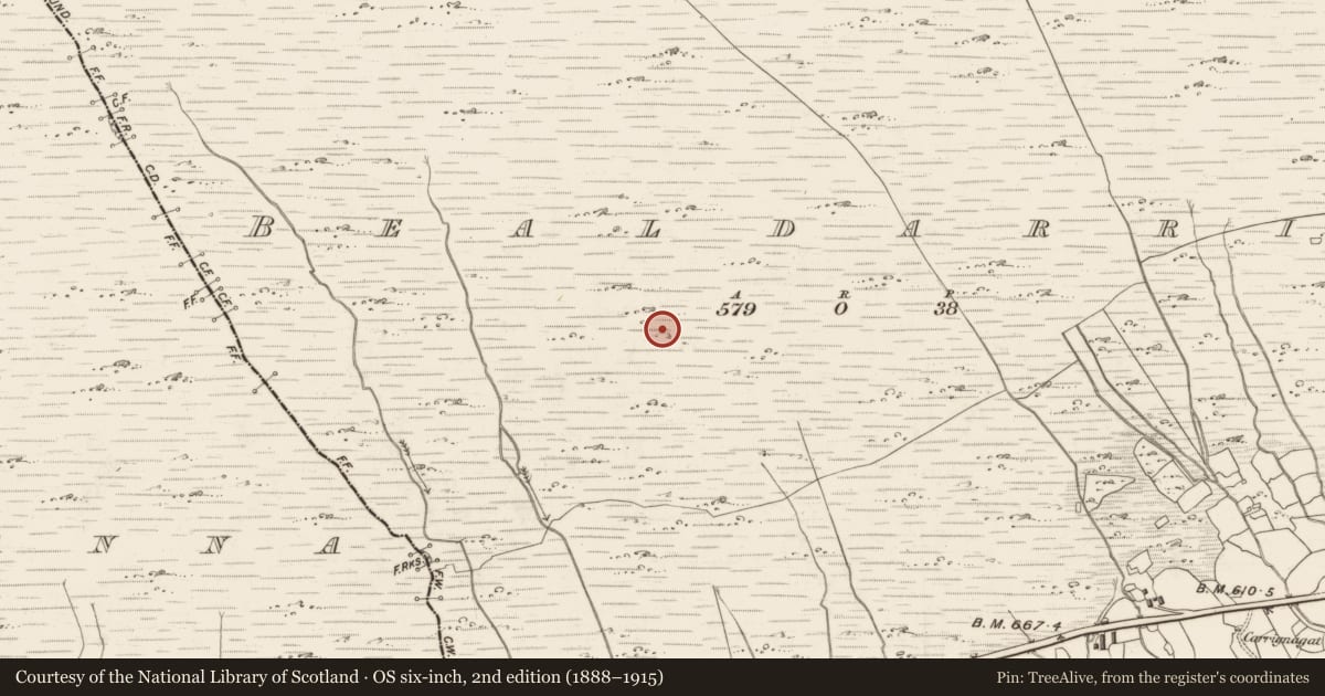 Ordnance Survey six-inch map, 2nd edition (1888–1915) covering the location of Enclosure, Bealdarrig, County Kerry, with a pin at the register's coordinates