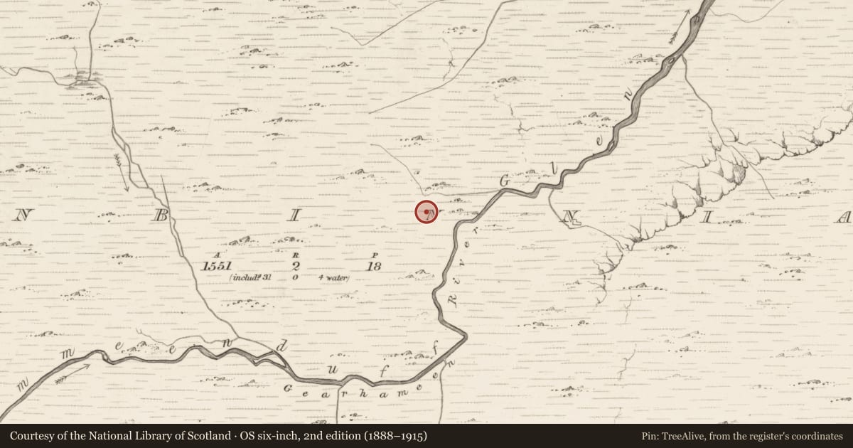 Ordnance Survey six-inch map, 2nd edition (1888–1915) covering the location of Rock art, Bunbinnia, County Kerry, with a pin at the register's coordinates