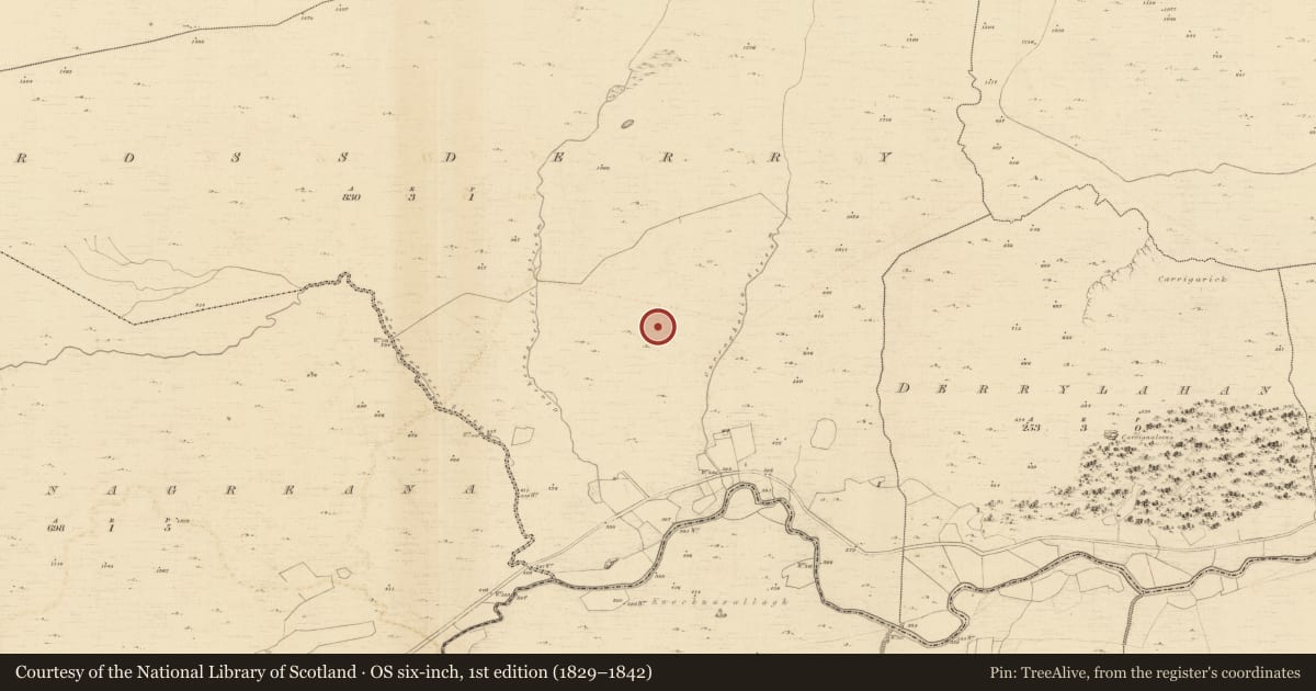 Ordnance Survey six-inch map, 1st edition (1829–1842) covering the location of Enclosure, Crossderry, County Kerry, with a pin at the register's coordinates