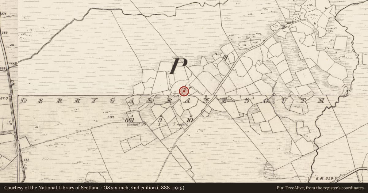 Ordnance Survey six-inch map, 2nd edition (1888–1915) covering the location of Road - gravel/stone trackway - peatland, Derrygarrane South, County Kerry, with a pin at the register's coordinates