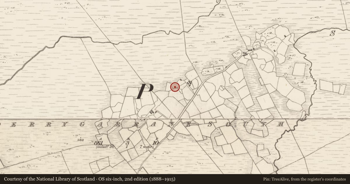 Ordnance Survey six-inch map, 2nd edition (1888–1915) covering the location of Enclosure, Derrygarrane South, County Kerry, with a pin at the register's coordinates