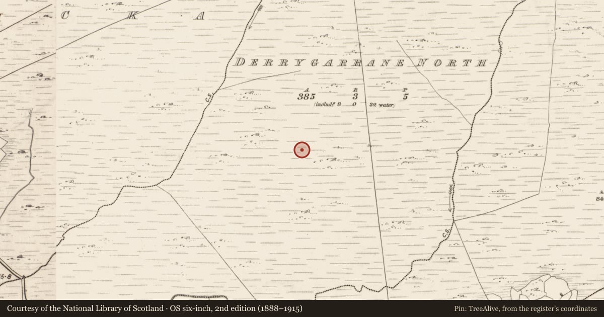 Ordnance Survey six-inch map, 2nd edition (1888–1915) covering the location of Fulacht fia, Derrygarrane North, County Kerry, with a pin at the register's coordinates