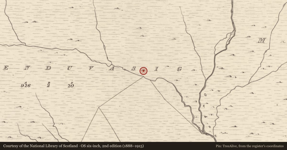 Ordnance Survey six-inch map, 2nd edition (1888–1915) covering the location of Hut site, Cummeenduvasig, County Kerry, with a pin at the register's coordinates
