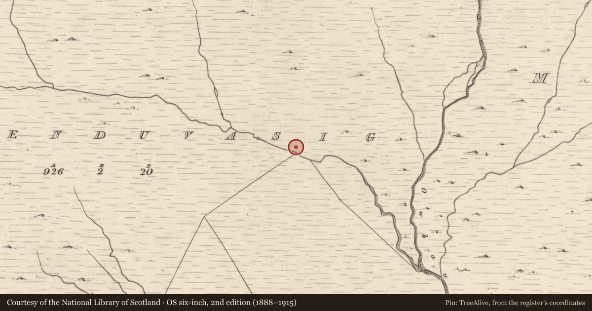 Ordnance Survey six-inch map, 2nd edition (1888–1915) covering the location of Hut site, Cummeenduvasig, County Kerry, with a pin at the register's coordinates