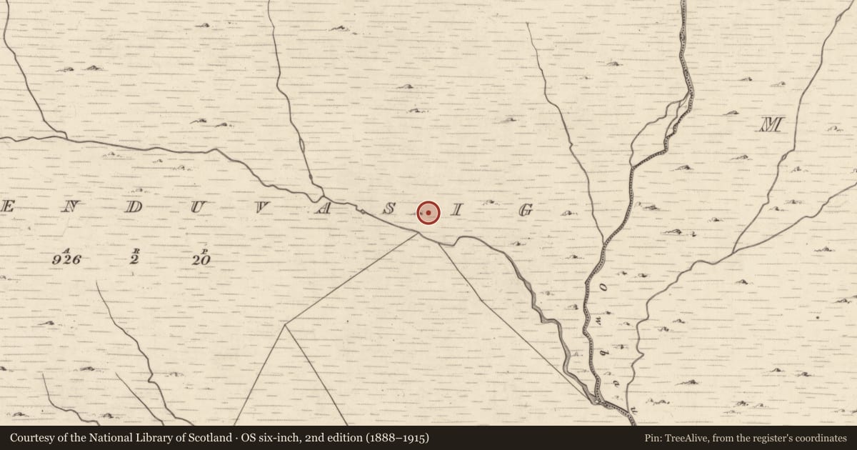 Ordnance Survey six-inch map, 2nd edition (1888–1915) covering the location of Hut site, Cummeenduvasig, County Kerry, with a pin at the register's coordinates