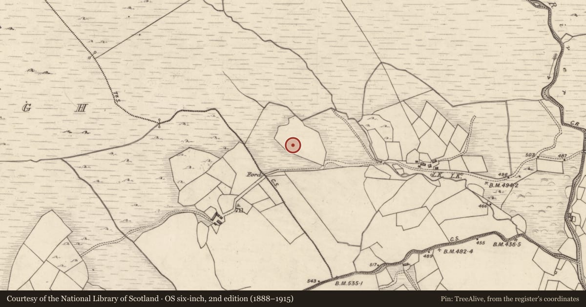 Ordnance Survey six-inch map, 2nd edition (1888–1915) covering the location of Burnt spread, Cummeenduvasig, County Kerry, with a pin at the register's coordinates