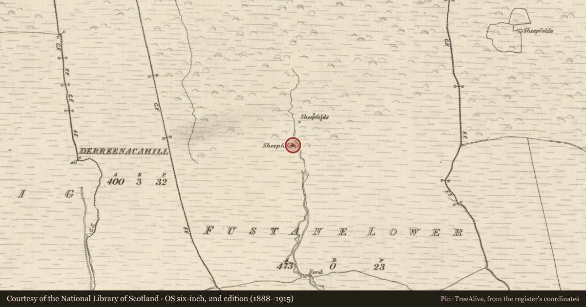 Ordnance Survey six-inch map, 2nd edition (1888–1915) covering the location of Enclosure, Fustane Lower, County Kerry, with a pin at the register's coordinates
