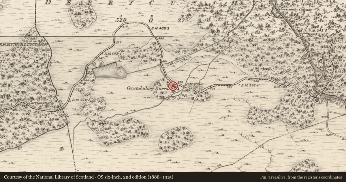 Ordnance Survey six-inch map, 2nd edition (1888–1915) covering the location of Barracks, Derrycunihy, County Kerry, with a pin at the register's coordinates