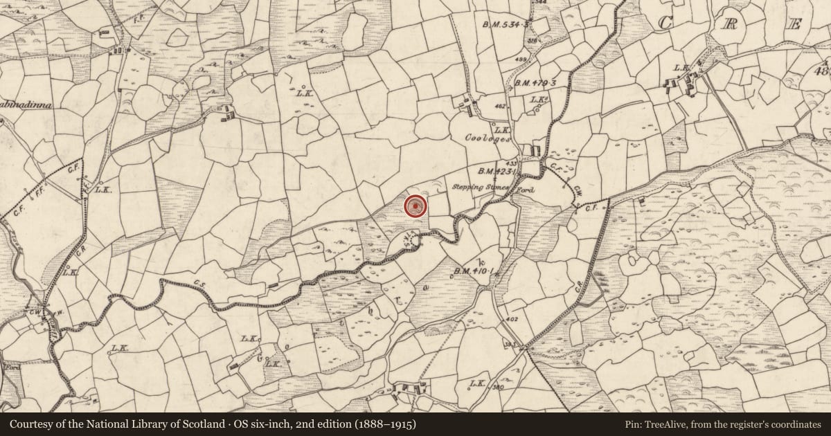 Ordnance Survey six-inch map, 2nd edition (1888–1915) covering the location of Ringfort - rath, Coologes, County Kerry, with a pin at the register's coordinates
