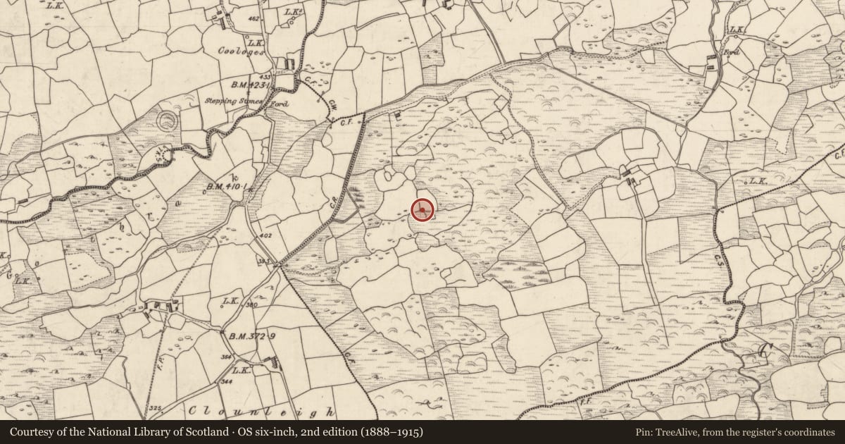 Ordnance Survey six-inch map, 2nd edition (1888–1915) covering the location of Children's burial ground, Creggeen, County Kerry, with a pin at the register's coordinates