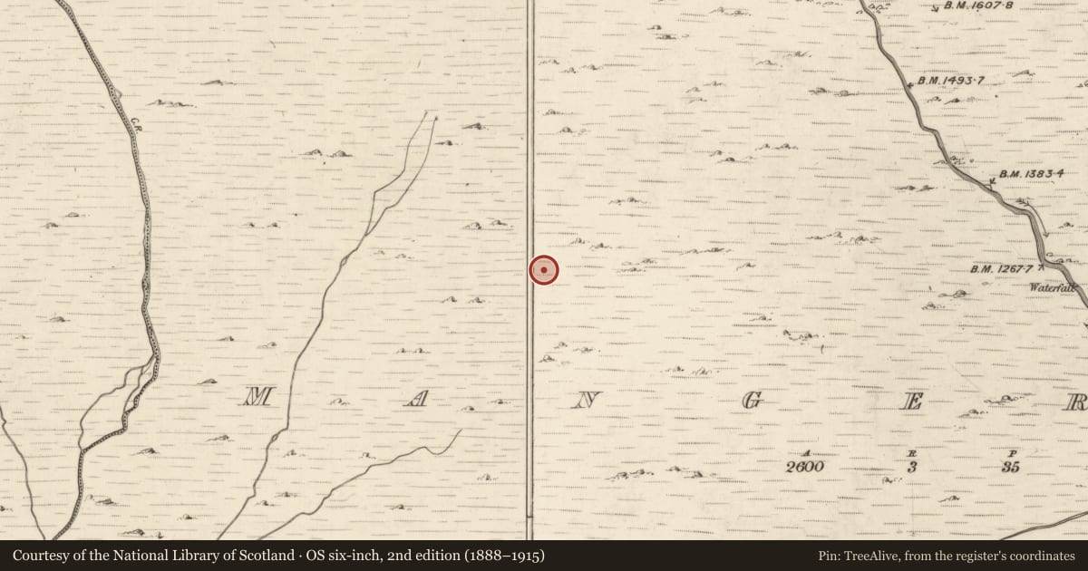 Ordnance Survey six-inch map, 2nd edition (1888–1915) covering the location of Field boundary, Mangerton, County Kerry, with a pin at the register's coordinates