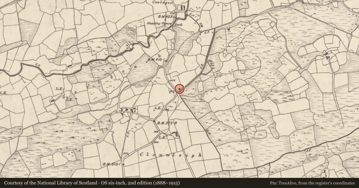 Ordnance Survey six-inch map, 2nd edition (1888–1915) covering the location of Burnt spread, Churchground, County Kerry, with a pin at the register's coordinates