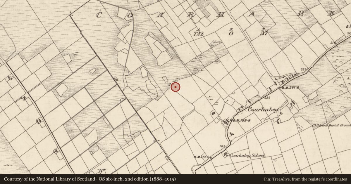 Ordnance Survey six-inch map, 2nd edition (1888–1915) covering the location of Hut site, Coarha Beg, County Kerry, with a pin at the register's coordinates