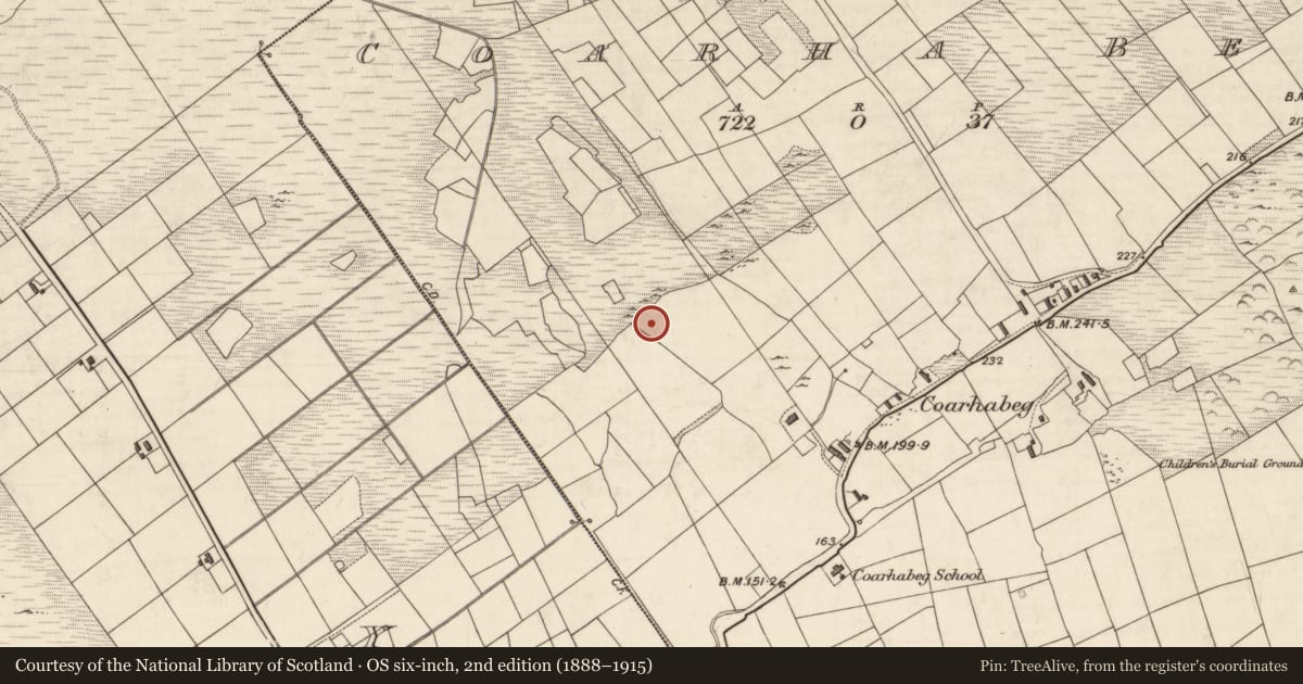 Ordnance Survey six-inch map, 2nd edition (1888–1915) covering the location of Hut site, Coarha Beg, County Kerry, with a pin at the register's coordinates