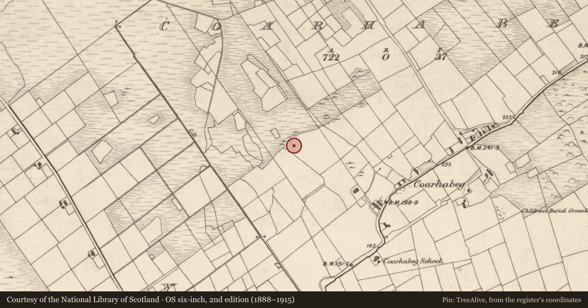 Ordnance Survey six-inch map, 2nd edition (1888–1915) covering the location of House - indeterminate date, Coarha Beg, County Kerry, with a pin at the register's coordinates