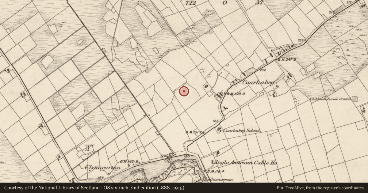 Ordnance Survey six-inch map, 2nd edition (1888–1915) covering the location of Standing stone, Coarha Beg, County Kerry, with a pin at the register's coordinates