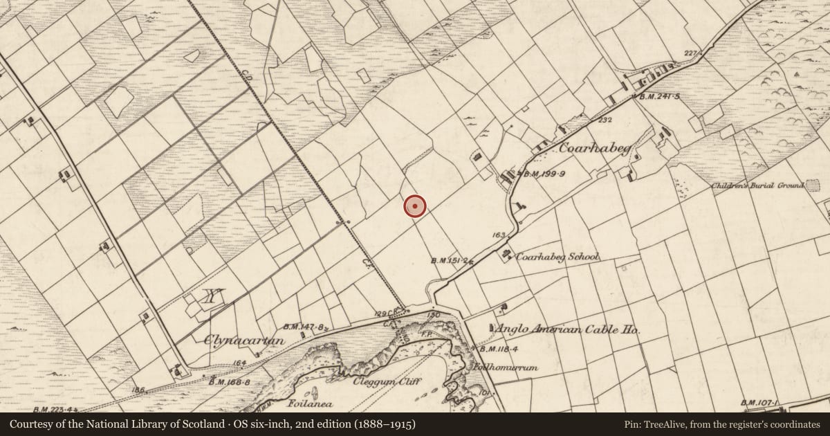 Ordnance Survey six-inch map, 2nd edition (1888–1915) covering the location of Hut site, Coarha Beg, County Kerry, with a pin at the register's coordinates