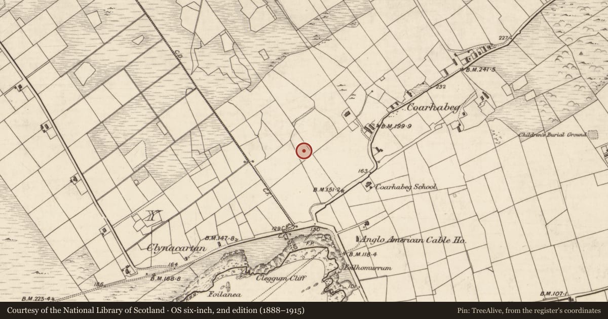 Ordnance Survey six-inch map, 2nd edition (1888–1915) covering the location of Souterrain, Coarha Beg, County Kerry, with a pin at the register's coordinates