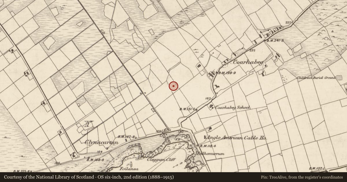 Ordnance Survey six-inch map, 2nd edition (1888–1915) covering the location of Hut site, Coarha Beg, County Kerry, with a pin at the register's coordinates