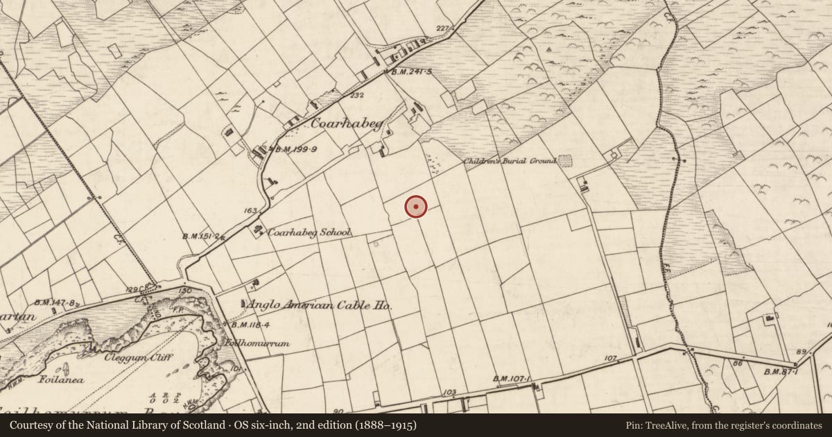 Ordnance Survey six-inch map, 2nd edition (1888–1915) covering the location of Ringfort - rath, Coarha Beg, County Kerry, with a pin at the register's coordinates