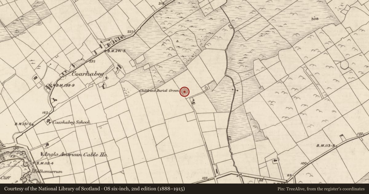 Ordnance Survey six-inch map, 2nd edition (1888–1915) covering the location of Children's burial ground, Coarha Beg, County Kerry, with a pin at the register's coordinates