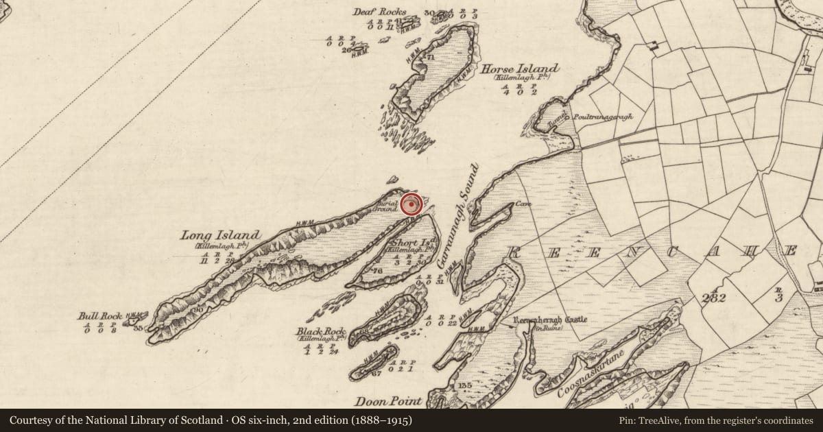 Ordnance Survey six-inch map, 2nd edition (1888–1915) covering the location of Children's burial ground, Long Island, County Kerry, with a pin at the register's coordinates