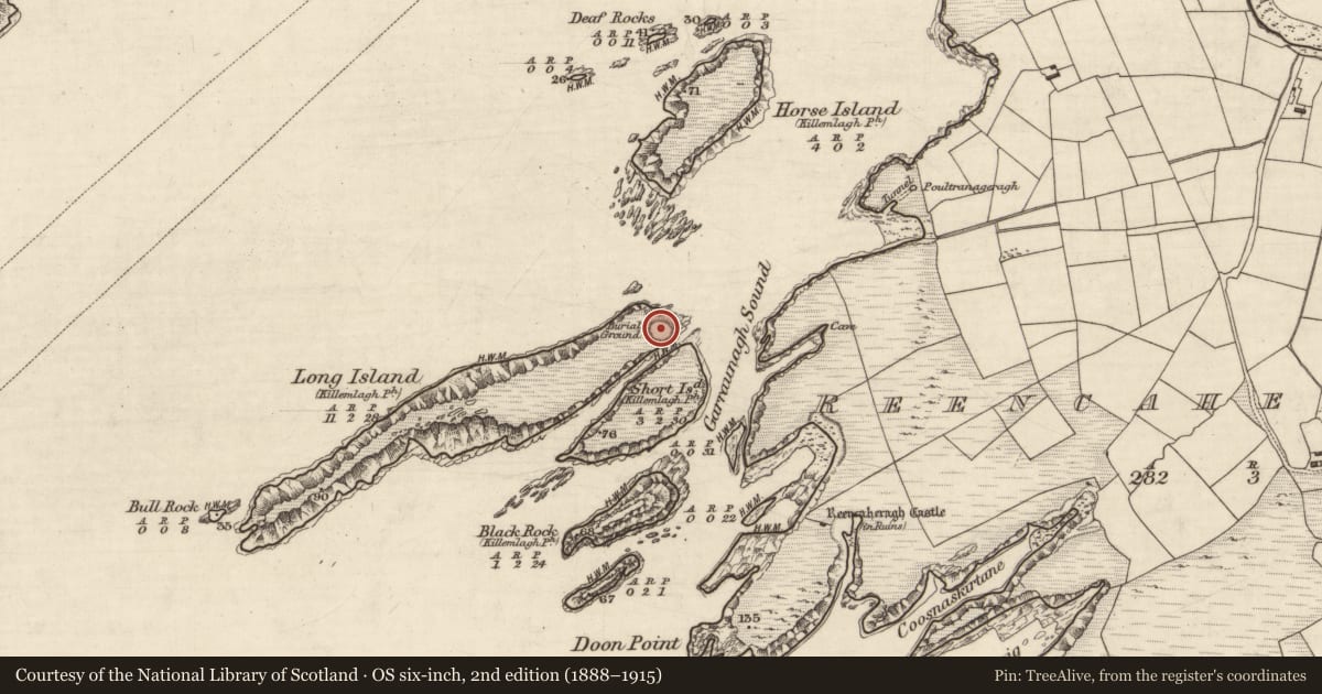Ordnance Survey six-inch map, 2nd edition (1888–1915) covering the location of Leacht, Long Island, County Kerry, with a pin at the register's coordinates