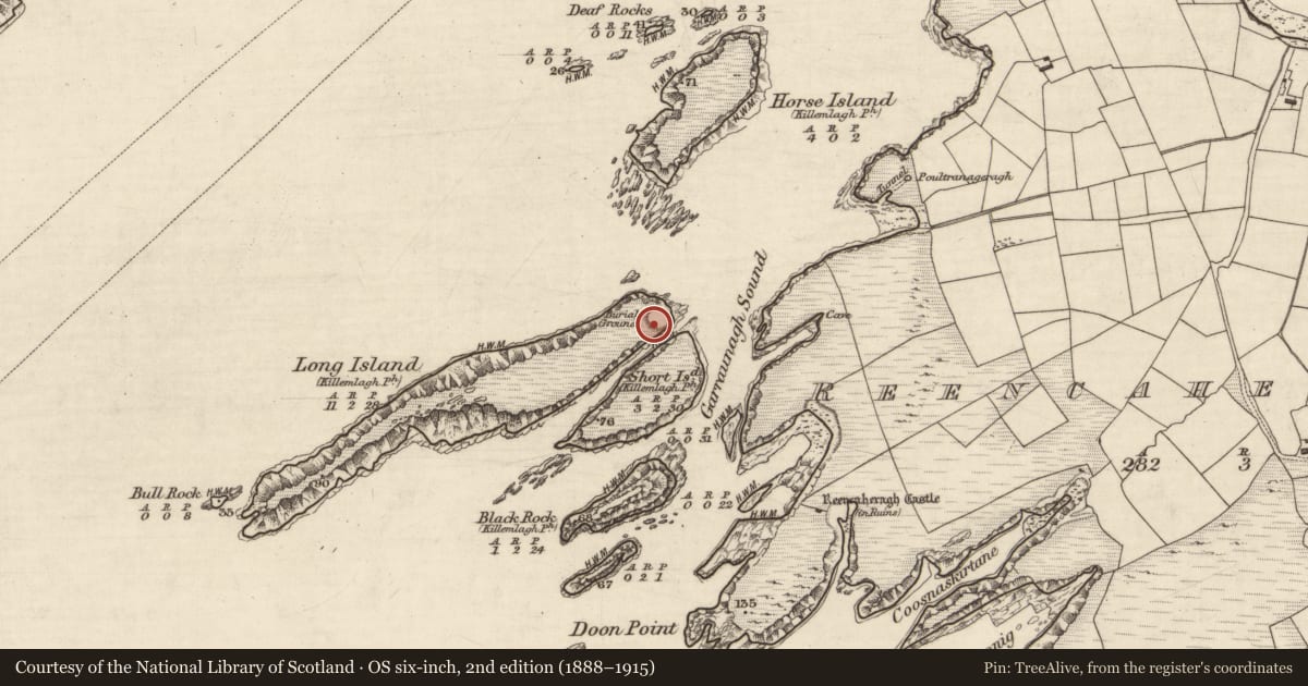 Ordnance Survey six-inch map, 2nd edition (1888–1915) covering the location of Enclosure, Long Island, County Kerry, with a pin at the register's coordinates