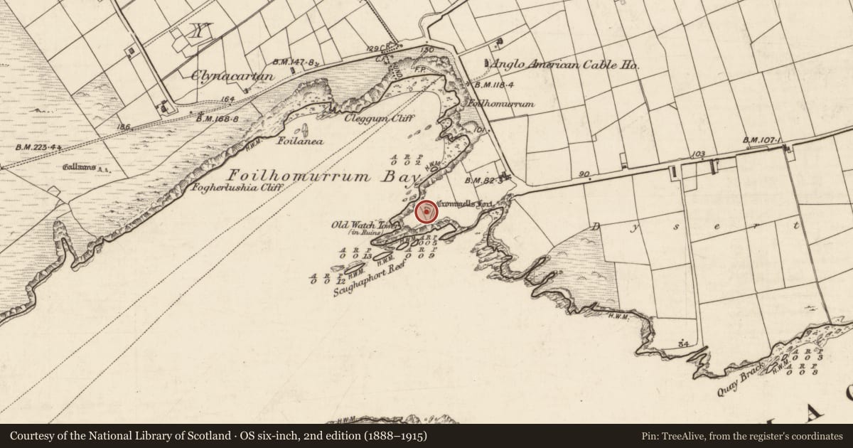 Ordnance Survey six-inch map, 2nd edition (1888–1915) covering the location of Fortification, Coarha Beg, County Kerry, with a pin at the register's coordinates