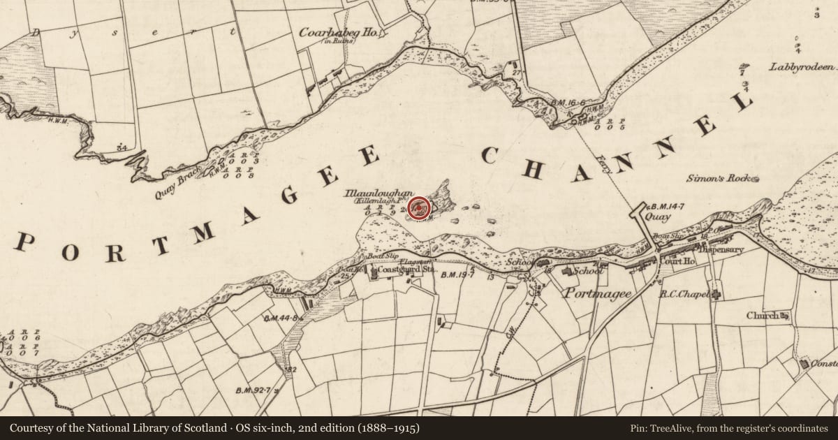 Ordnance Survey six-inch map, 2nd edition (1888–1915) covering the location of Hut site, Illaunloughan, Portmagee, County Kerry, with a pin at the register's coordinates