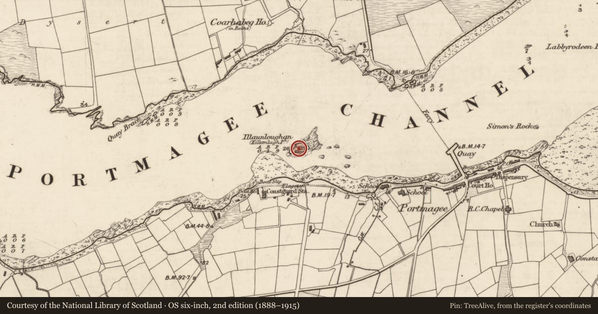 Ordnance Survey six-inch map, 2nd edition (1888–1915) covering the location of Midden, Illaunloughan, Portmagee, County Kerry, with a pin at the register's coordinates
