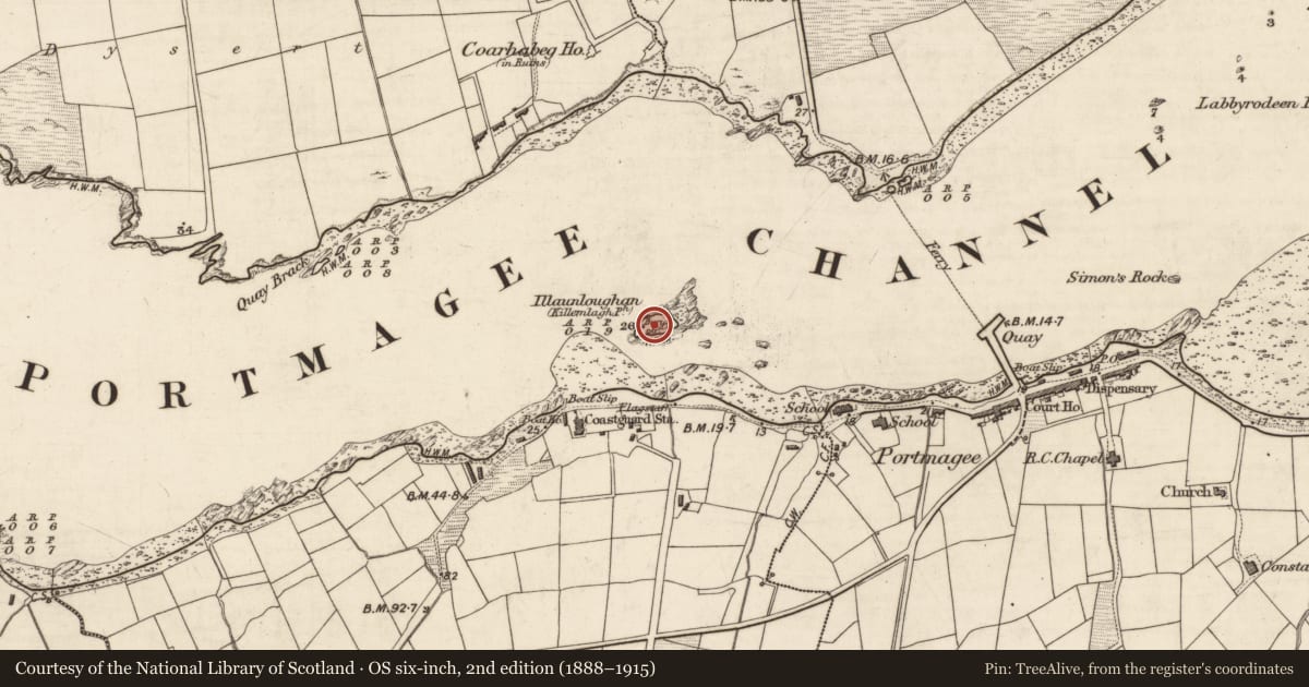 Ordnance Survey six-inch map, 2nd edition (1888–1915) covering the location of Hut site, Illaunloughan, Portmagee, County Kerry, with a pin at the register's coordinates