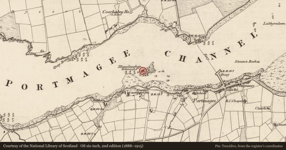 Ordnance Survey six-inch map, 2nd edition (1888–1915) covering the location of Hut site, Illaunloughan, Portmagee, County Kerry, with a pin at the register's coordinates