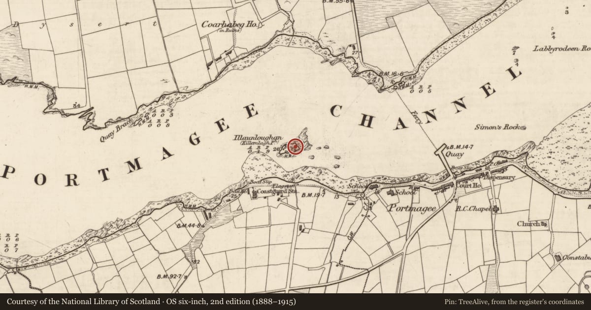 Ordnance Survey six-inch map, 2nd edition (1888–1915) covering the location of Church, Illaunloughan, Portmagee, County Kerry, with a pin at the register's coordinates