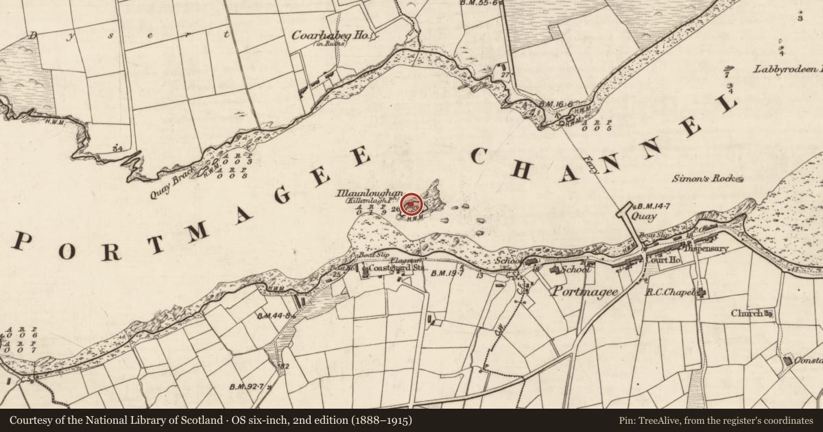 Ordnance Survey six-inch map, 2nd edition (1888–1915) covering the location of Ecclesiastical enclosure, Illaunloughan, Portmagee, County Kerry, with a pin at the register's coordinates
