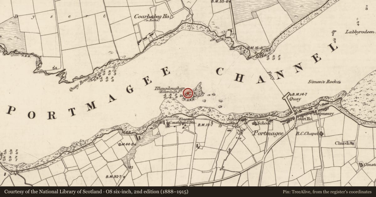 Ordnance Survey six-inch map, 2nd edition (1888–1915) covering the location of Children's burial ground, Illaunloughan, Portmagee, County Kerry, with a pin at the register's coordinates