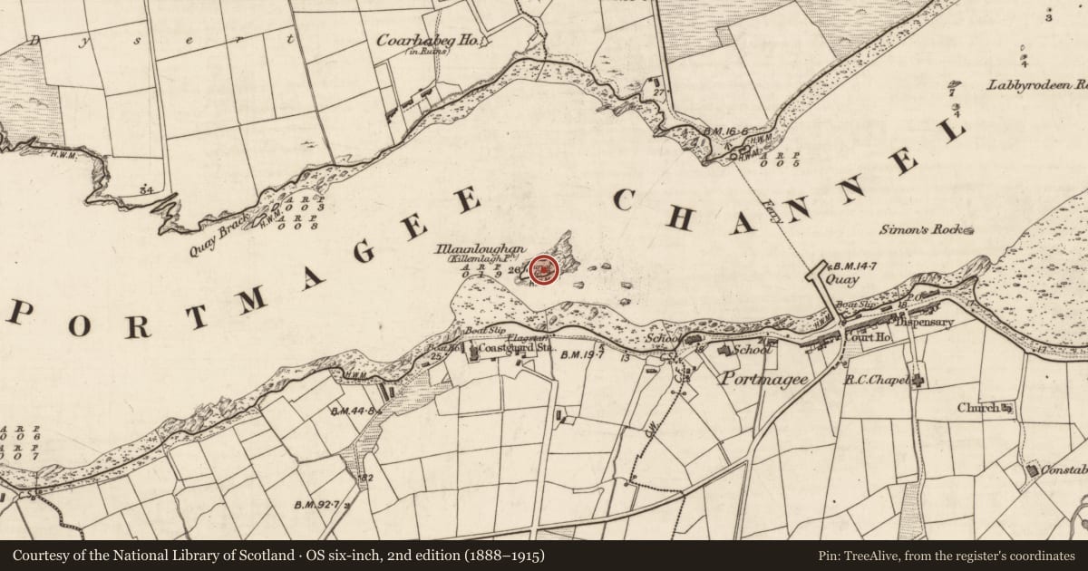 Ordnance Survey six-inch map, 2nd edition (1888–1915) covering the location of Metalworking site, Illaunloughan, Portmagee, County Kerry, with a pin at the register's coordinates