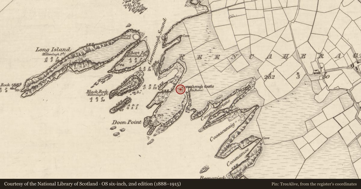 Ordnance Survey six-inch map, 2nd edition (1888–1915) covering the location of Gatehouse, Reencaheragh, County Kerry, with a pin at the register's coordinates