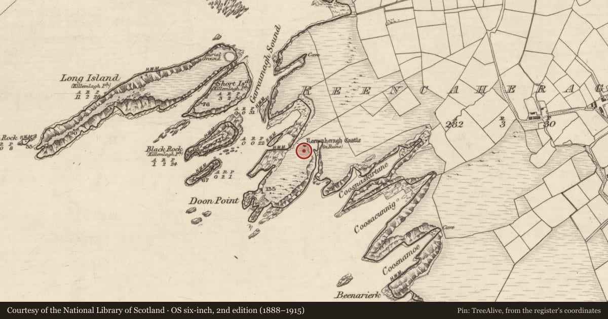 Ordnance Survey six-inch map, 2nd edition (1888–1915) covering the location of House - indeterminate date, Reencaheragh, County Kerry, with a pin at the register's coordinates