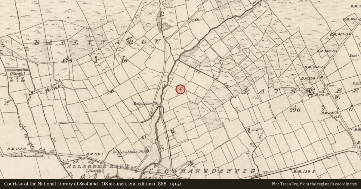 Ordnance Survey six-inch map, 2nd edition (1888–1915) covering the location of Souterrain, Clochán Ceannúigh, County Kerry, with a pin at the register's coordinates