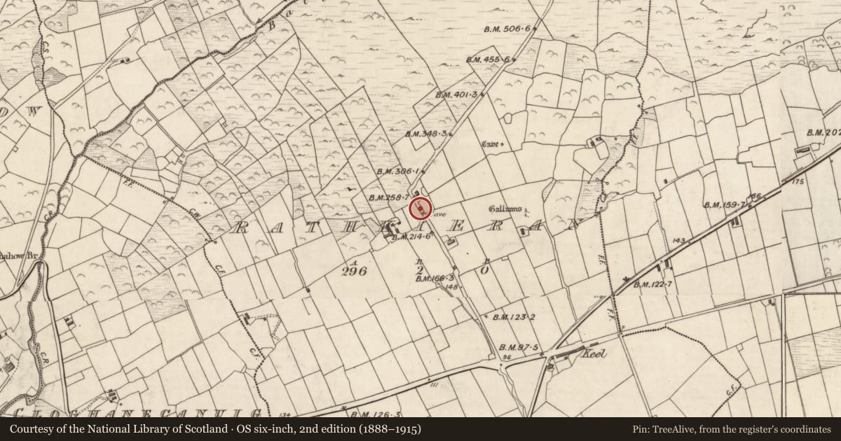Ordnance Survey six-inch map, 2nd edition (1888–1915) covering the location of Souterrain, Ráth Ciaráin, County Kerry, with a pin at the register's coordinates