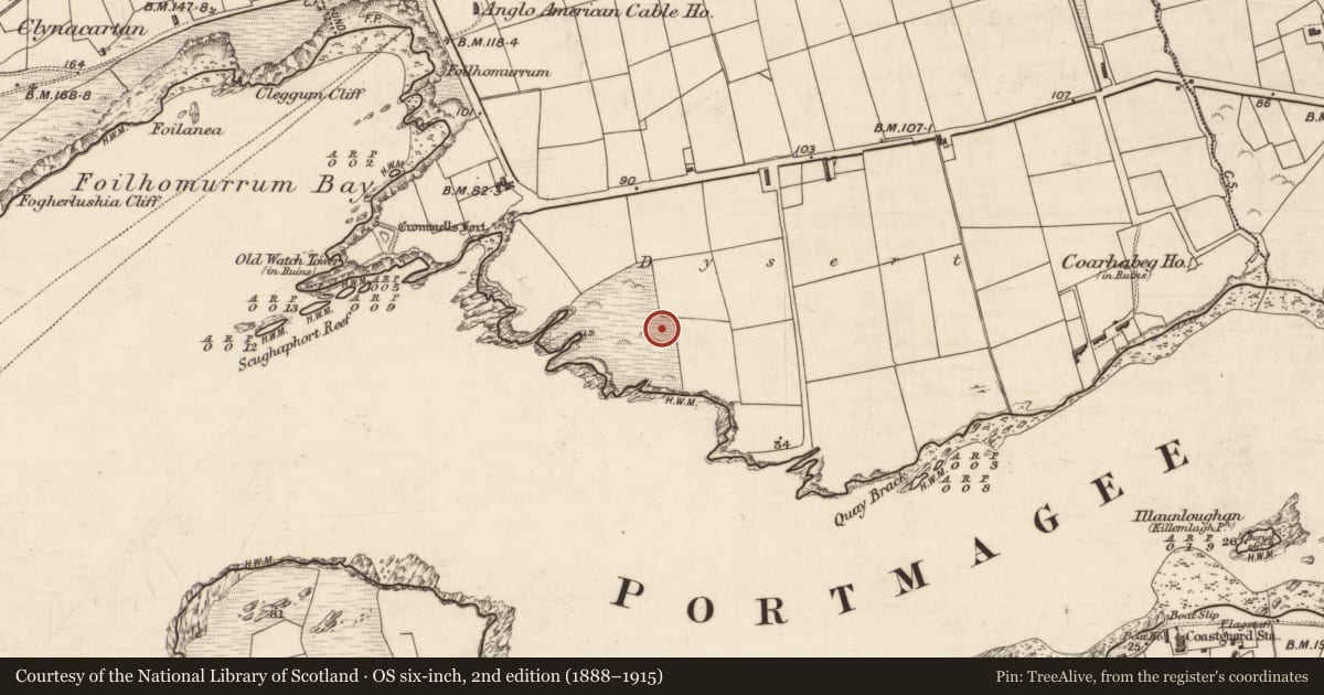Ordnance Survey six-inch map, 2nd edition (1888–1915) covering the location of Burial, Coarha Beg, County Kerry, with a pin at the register's coordinates