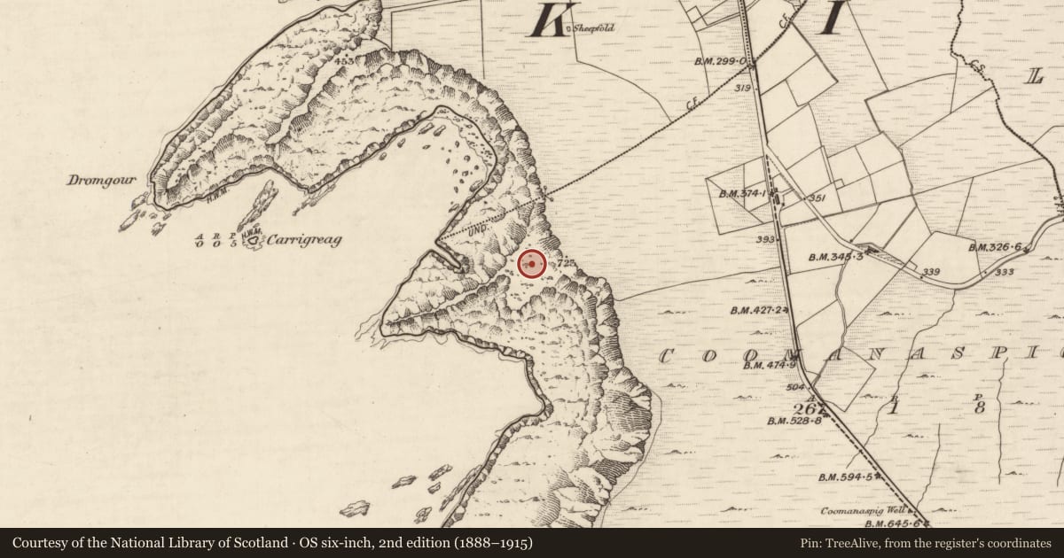 Ordnance Survey six-inch map, 2nd edition (1888–1915) covering the location of Burial, Coomanaspig, County Kerry, with a pin at the register's coordinates