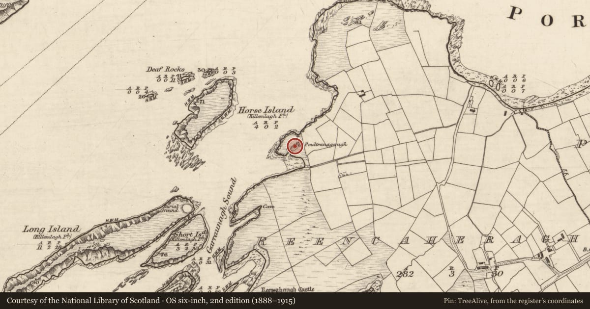 Ordnance Survey six-inch map, 2nd edition (1888–1915) covering the location of Hut site, Reencaheragh, County Kerry, with a pin at the register's coordinates