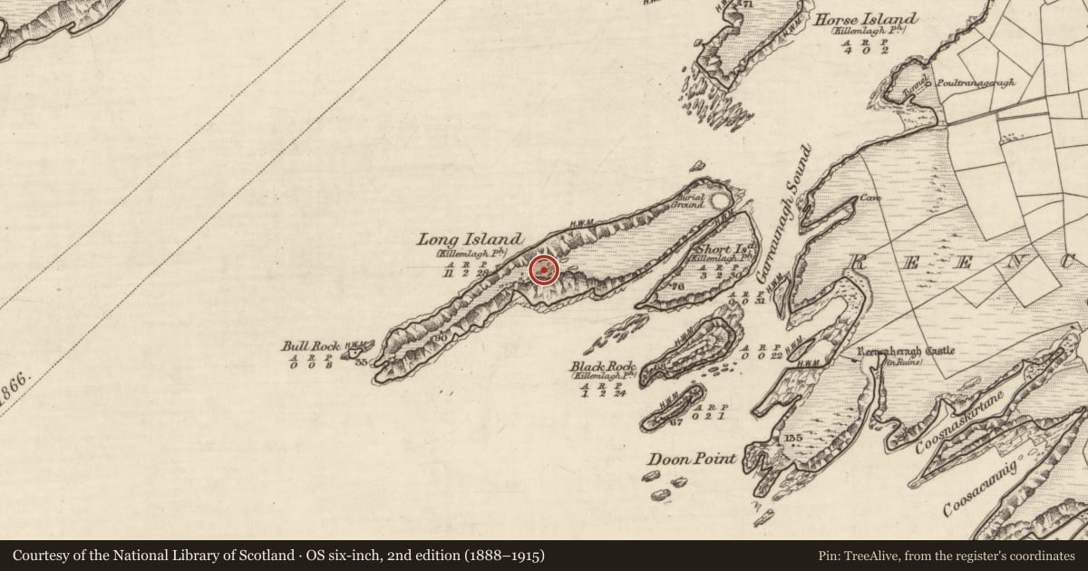 Ordnance Survey six-inch map, 2nd edition (1888–1915) covering the location of Promontory fort - coastal, Long Island, County Kerry, with a pin at the register's coordinates