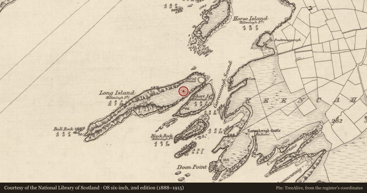 Ordnance Survey six-inch map, 2nd edition (1888–1915) covering the location of Promontory fort - coastal, Long Island, County Kerry, with a pin at the register's coordinates
