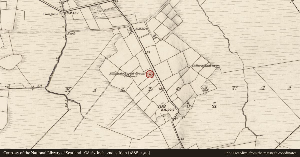 Ordnance Survey six-inch map, 2nd edition (1888–1915) covering the location of Ecclesiastical enclosure, Killoluaig, County Kerry, with a pin at the register's coordinates