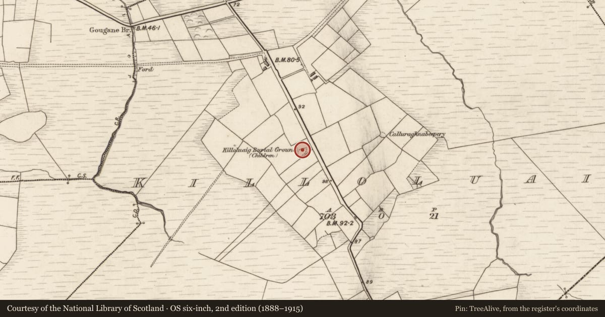 Ordnance Survey six-inch map, 2nd edition (1888–1915) covering the location of Leacht, Killoluaig, County Kerry, with a pin at the register's coordinates