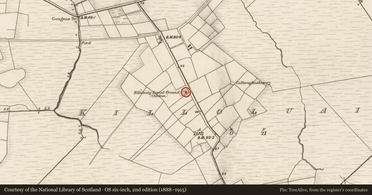 Ordnance Survey six-inch map, 2nd edition (1888–1915) covering the location of Holed stone, Killoluaig, County Kerry, with a pin at the register's coordinates