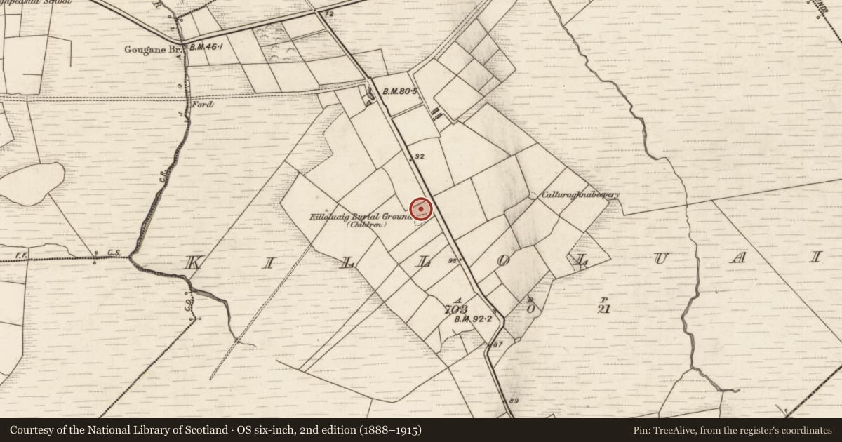 Ordnance Survey six-inch map, 2nd edition (1888–1915) covering the location of Earthwork, Killoluaig, County Kerry, with a pin at the register's coordinates